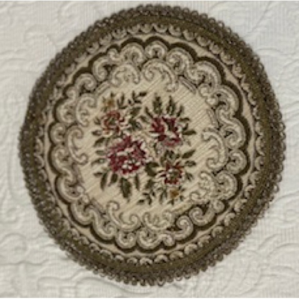 2-Antique Victorian Metallic Doilies ~ Gold Tone Netting Trim Floral Tapestry - Picture 2 of 8